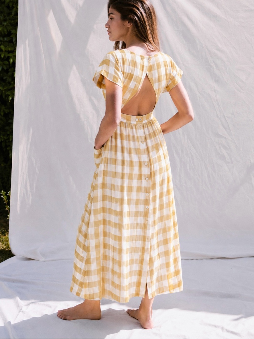 Christy Dawn Jane Dress in Lemon Plaid Size Large Yellow Gingham Check Open Back